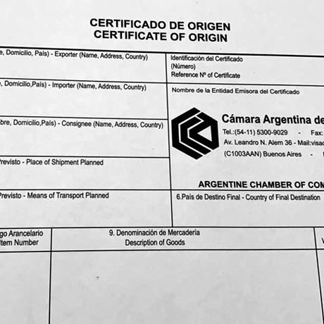 certificado de origen de la Cámara Argentina del Comercio